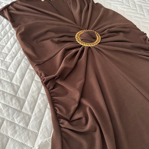 Candie’s Brown Sleeveless Ring Detail Midi Dress L Glam Mob Wife Cocktail Party - Picture 11 of 16